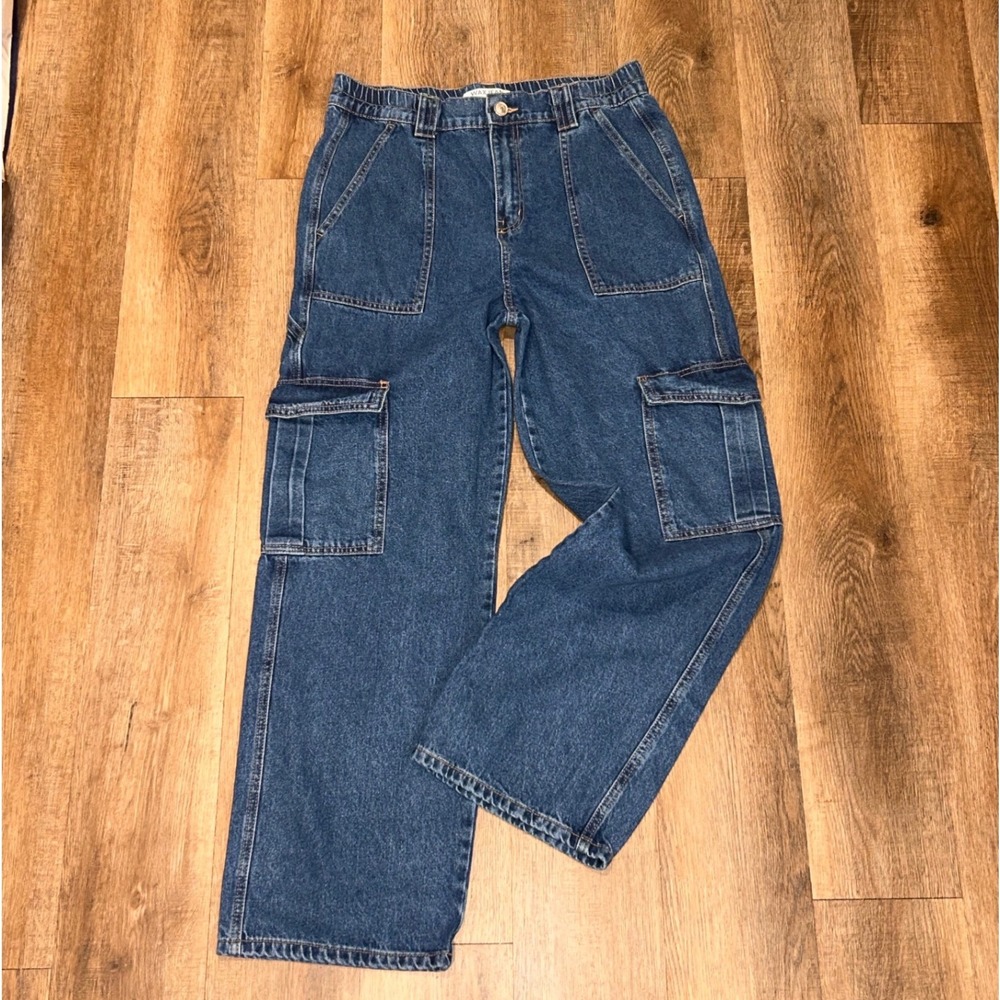 Wax Jean Collection Blue Denim Cargo Pants Wide Leg Skater Oversized Womens L